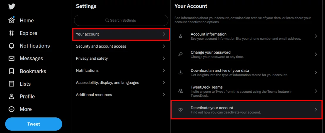 Twitter account deactivation option