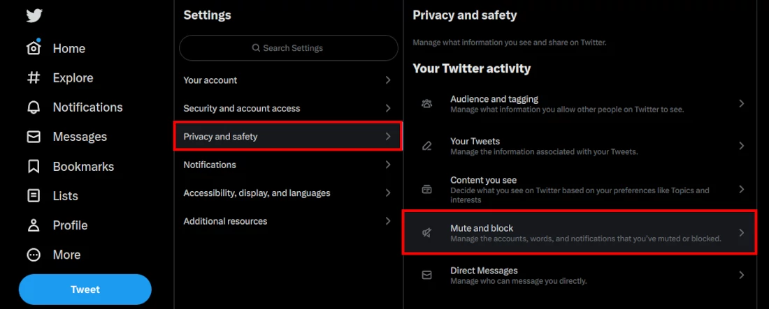 Twitter Mute and block Settings