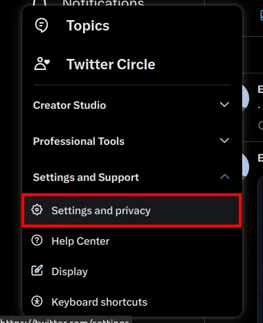 Twitter Settings and Privacy menu