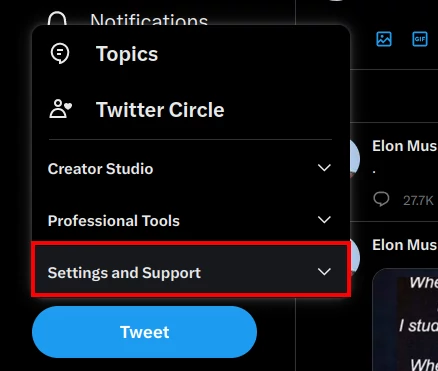 Twitter Settings and Support menu