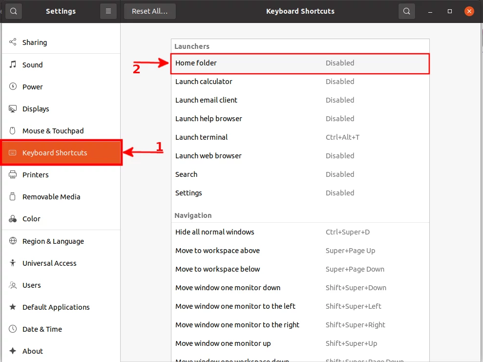 Ubuntu keyboard shortcuts settings