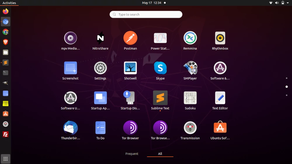 Ubuntu Linux 20.04 Applications menu