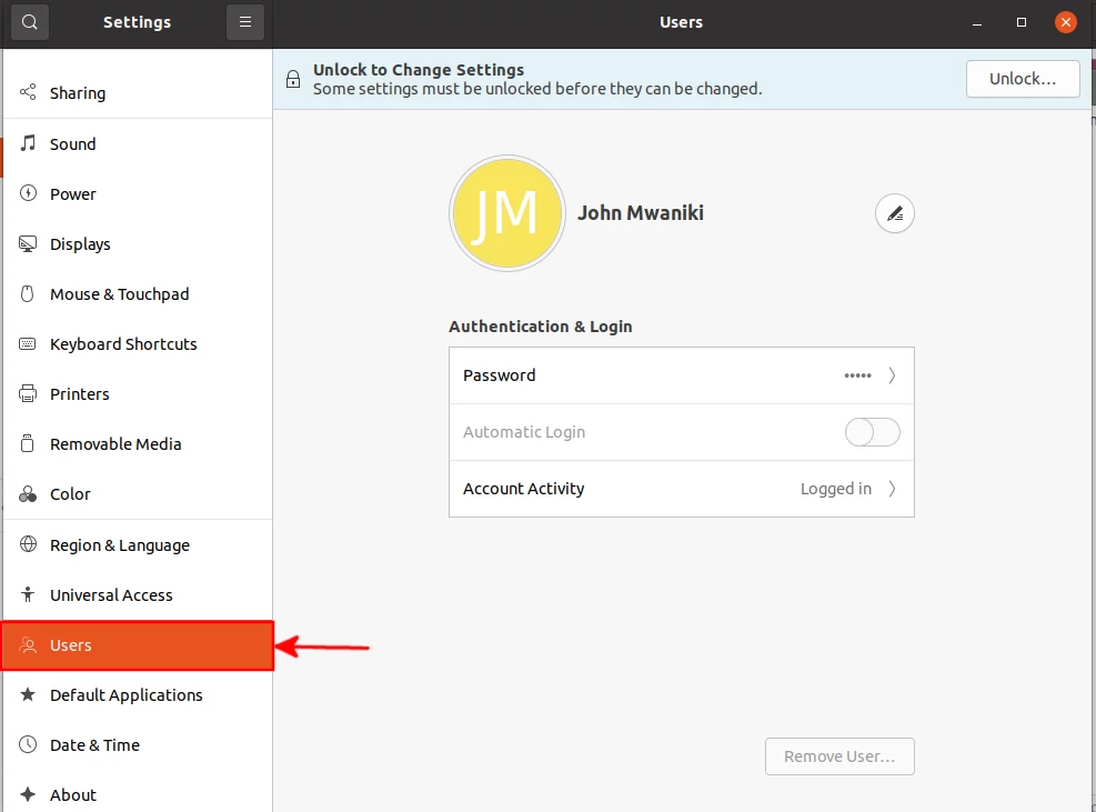 Ubuntu users settings
