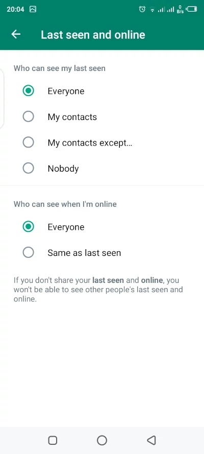 WhatsApp last seen setting options