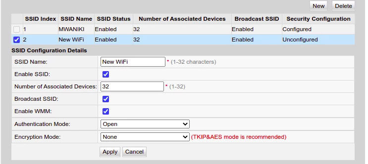 WiFi configuration details huawei router