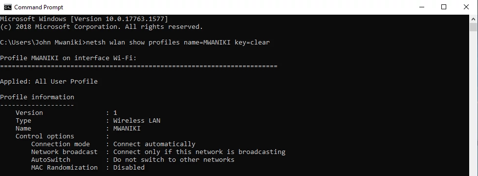 WiFi network info via command prompt