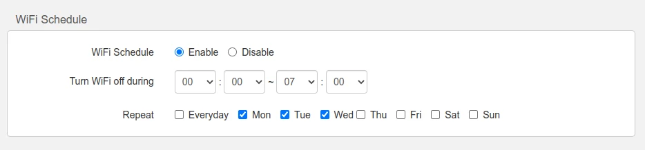 WiFi Schedule on Tenda F3 router