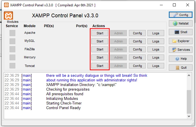 XAMPP control panel